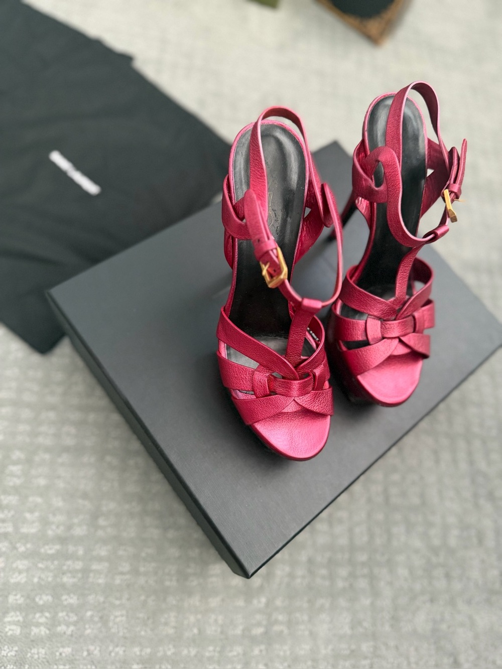 Women's YSL Fuchsia Satin TRIBUTE Platform Sandal pair.